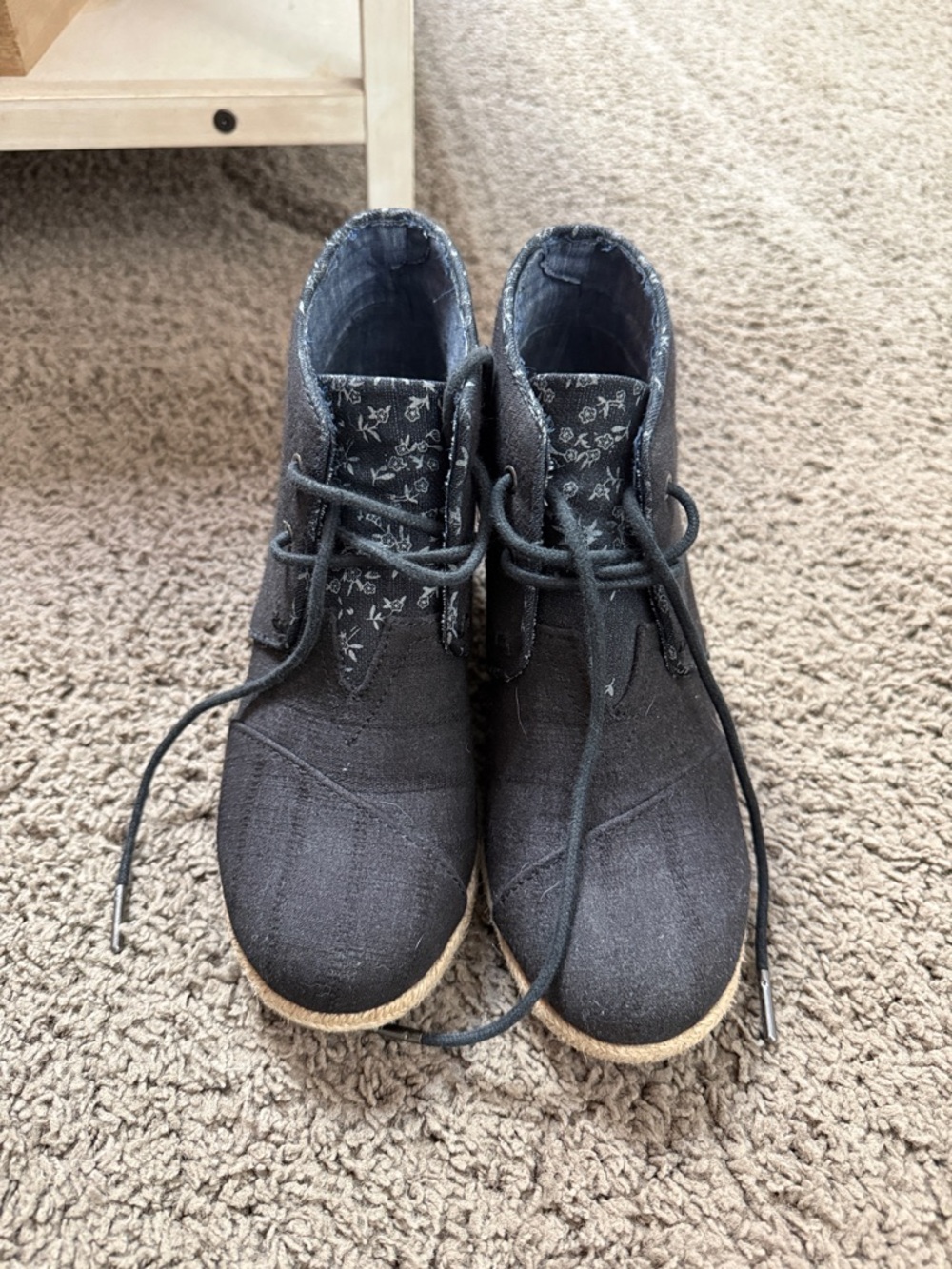Toms Black Canvas Lace-Up Ankle Booties with Patterned Tongue